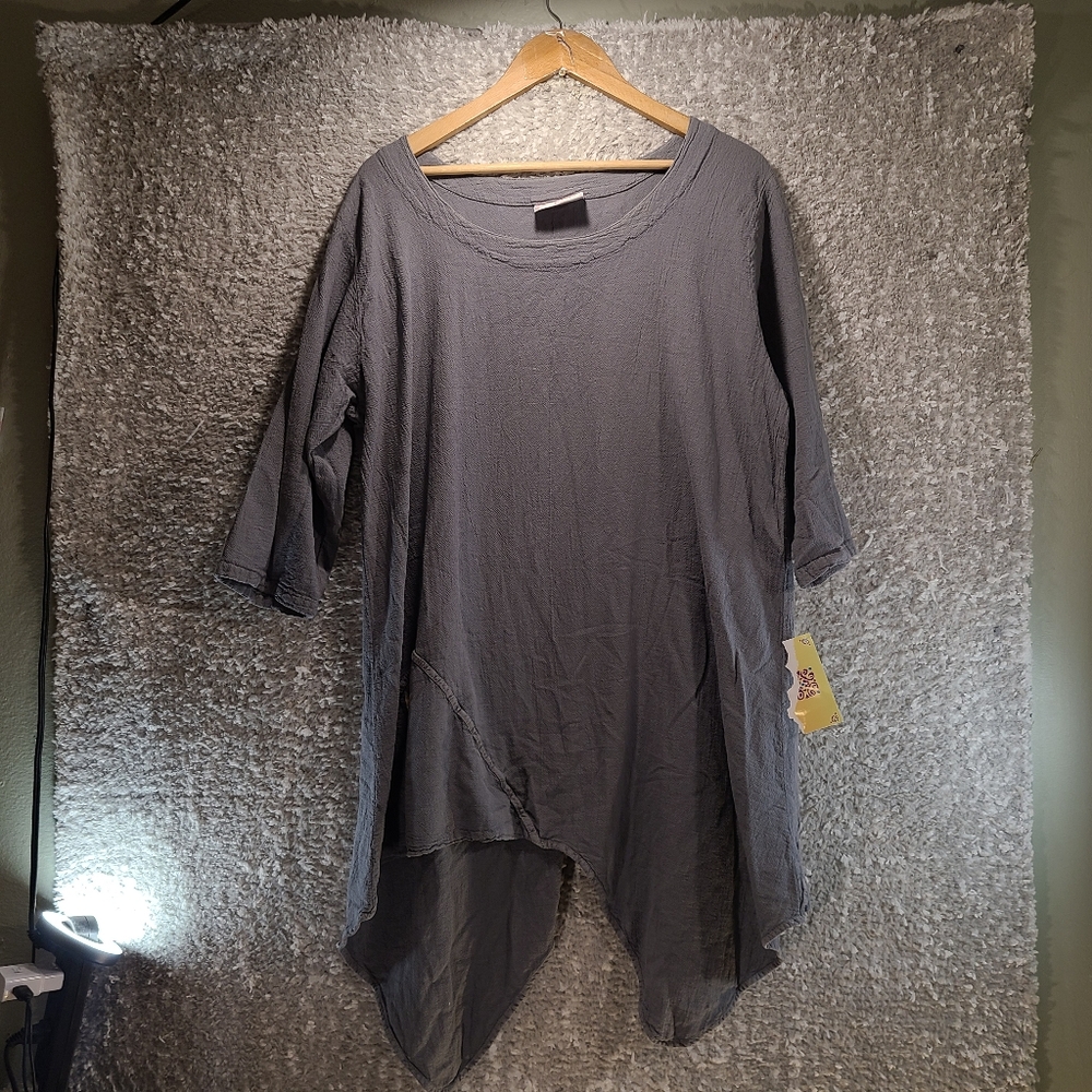 Cottonways Sz 2 Gray Gauze Tunic Dress Asymmetrical Hem 1/2 Sleeve Lagenlook NWT